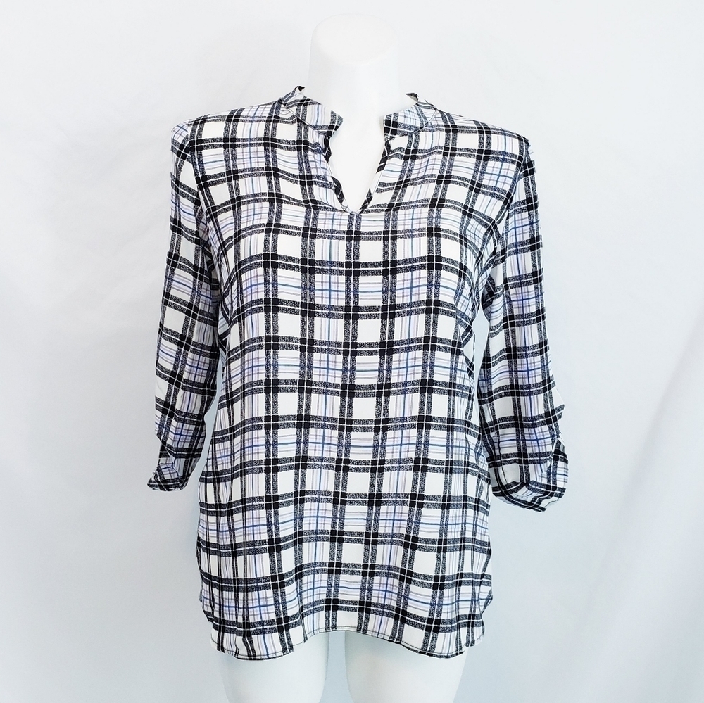 Liquid New York Silk Plaid Blouse w/Roll Tab Sleeves Lightweight